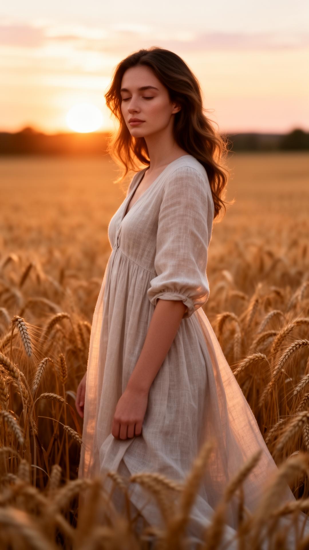 Woman in a sunlit wheat field at golden hour