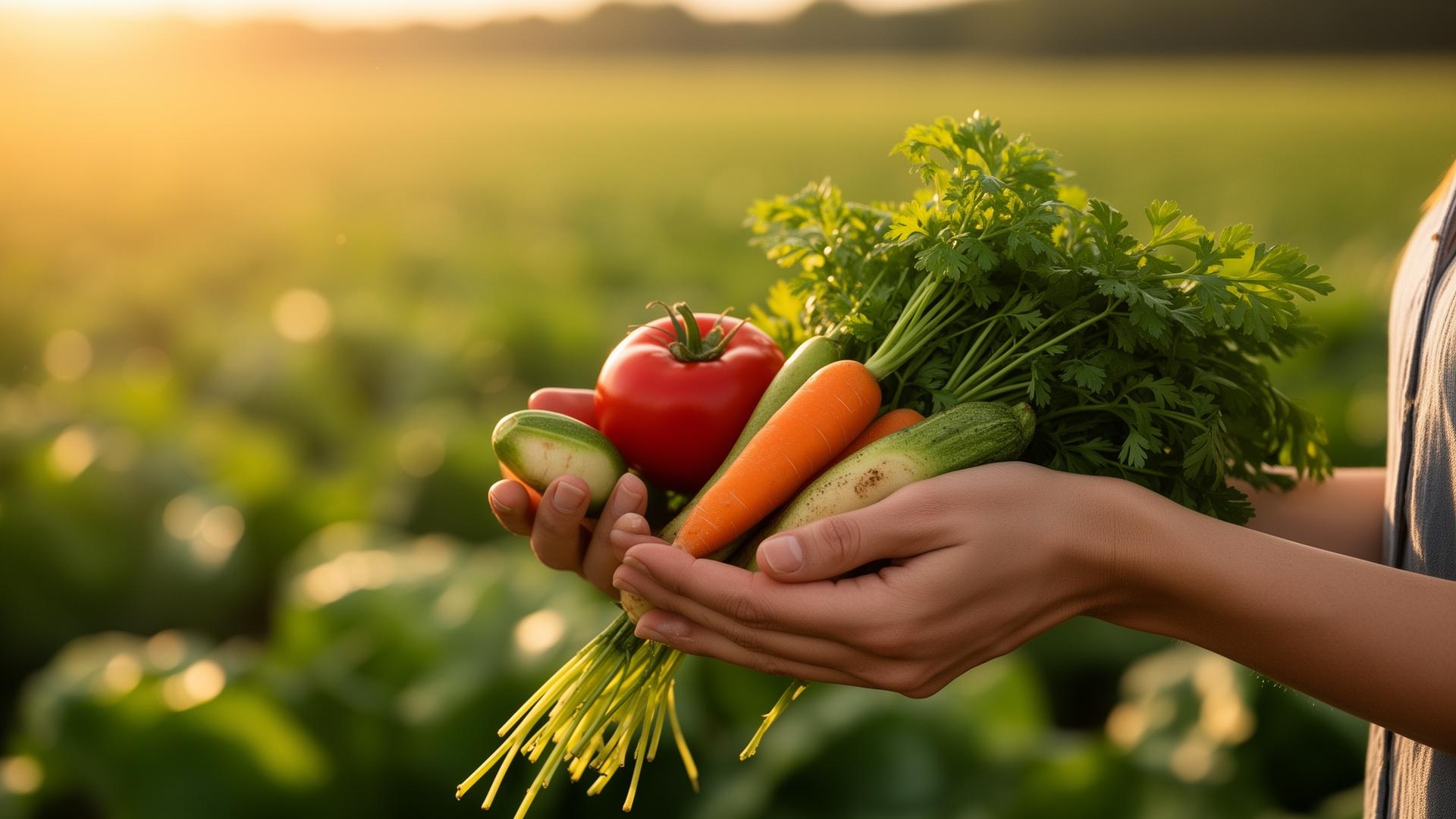 Hands holding freshly harvested organic vegetables in a sunlit field